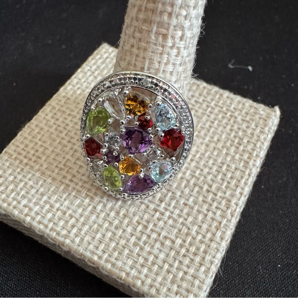 Beautiful Silver 925 Multicolor Gemstones Ring with Crystal Accents - Picture 6 of 8
